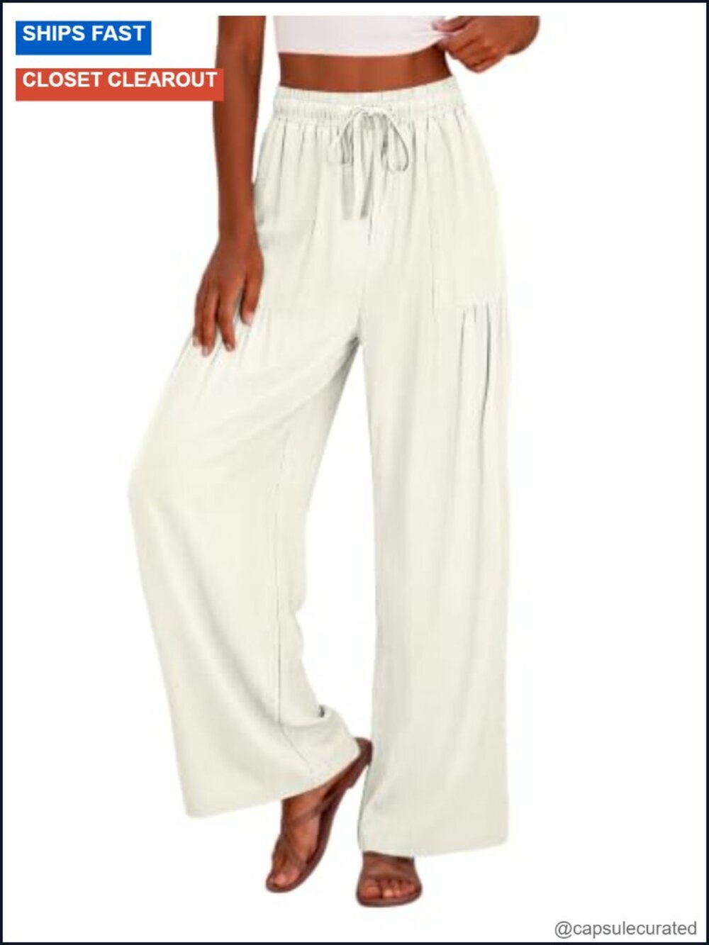 Women's Cotton Linen Palazzo Pants High Waist Elastic Wide Leg Trousers with